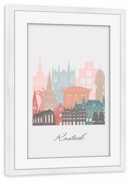 Poster mit Rahmen weiß "Rostocker Skyline Pastellstil" artboxONE - Städte,Reise,Architektur