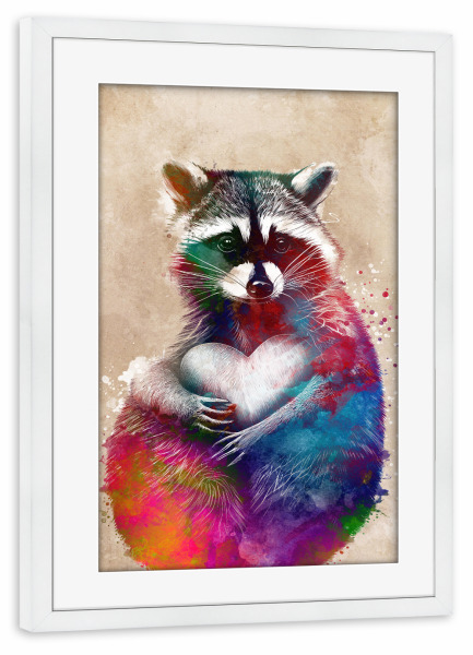 Poster mit Rahmen weiß "Waschbärherz" artboxONE - Tiere - Waschbärherz,Herz,Waschbär,Wildes tier,Tiere,Grafik,Illustration,Design,Kunst