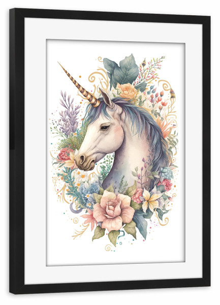 Poster mit Rahmen schwarz "Einhorn mit Blumen" artboxONE - Tiere
