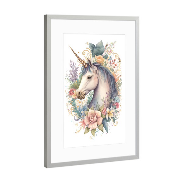 Poster mit Rahmen Silber "Einhorn mit Blumen" artboxONE - Tiere