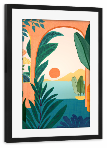 Poster mit Rahmen schwarz "Tropische Villa-Sonnenuntergang" artboxONE - Reise,Reise / Strand und Meer
