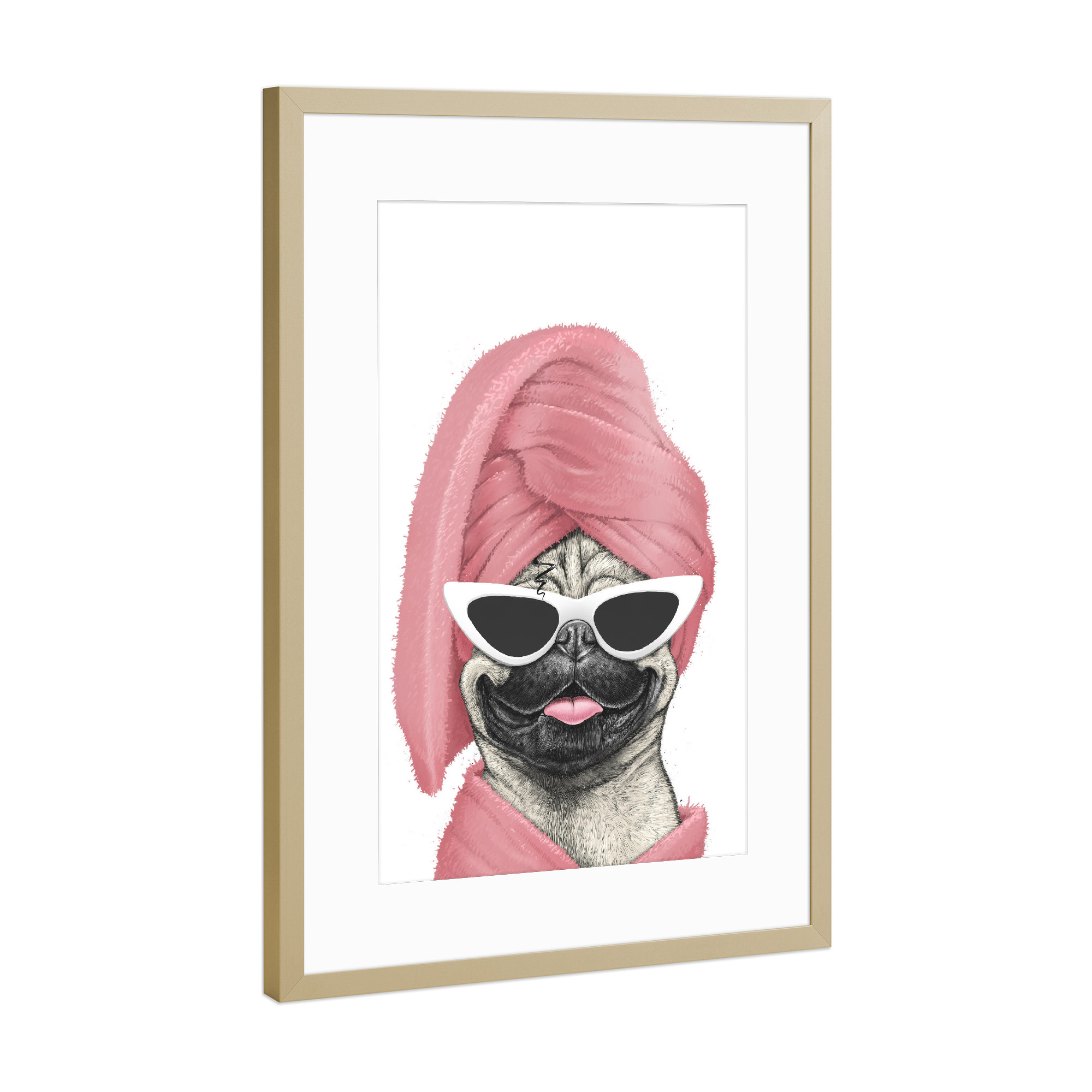 Poster mit Rahmen Gold "Mops nach dem Bad" artboxONE - Tiere,Fashion,Für Mama
