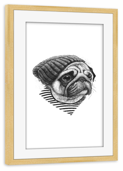 Poster mit Rahmen kiefer "Mops Seemann" artboxONE - Tiere,Für Papa - Mops,Möpse,Hund,Hunde,Haustiere,Tier,Tiere,Seemann,Meer,Ozean,Hut,Seemann