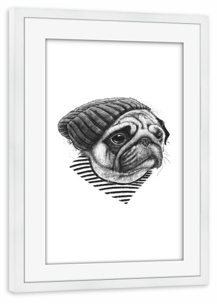 Poster mit Rahmen weiß "Mops Seemann" artboxONE - Tiere,Für Papa - Mops,Möpse,Hund,Hunde,Haustiere,Tier,Tiere,Seemann,Meer,Ozean,Hut,Seemann