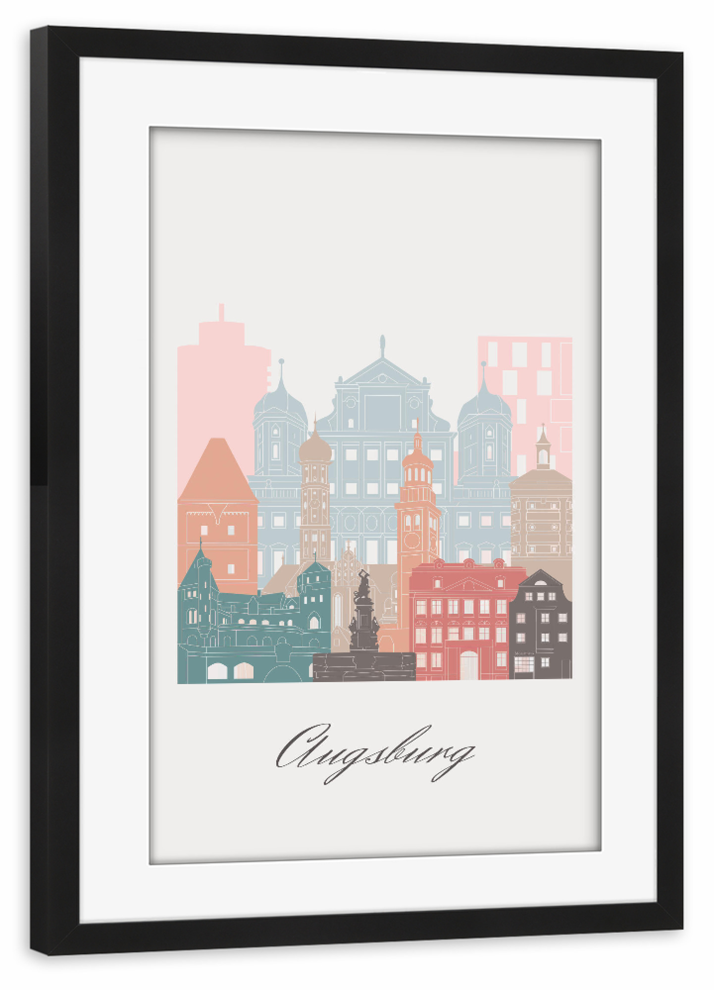 Poster mit Rahmen schwarz "Augsburger Skyline im Pastellstil" artboxONE - Städte,Reise,Architektur,Kartografie