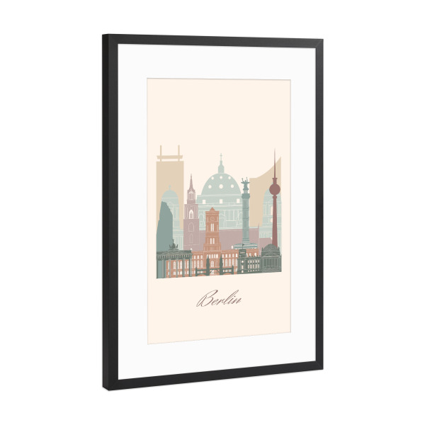 Poster mit Rahmen Schwarz (Metallic) "Berliner Skyline in Salbeigrün" artboxONE - Städte,Städte / Berlin,Reise,Architektur,Kartografie