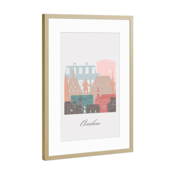 Poster mit Rahmen Gold "Aachener Skyline im Pastellstil" artboxONE - Städte,Reise,Architektur,Kartografie