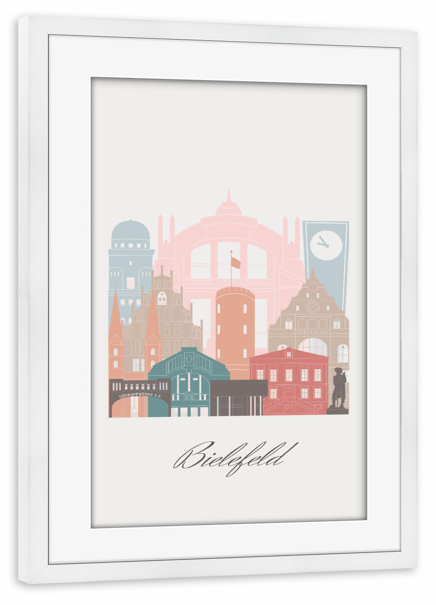Poster mit Rahmen weiß "Bielefelder Skyline im Pastellstil" artboxONE - Städte,Reise,Architektur,Kartografie
