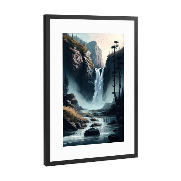 Poster mit Rahmen Schwarz (Metallic) "Gemälde eines alpinen Wasserfalls" artboxONE - Natur,Reise