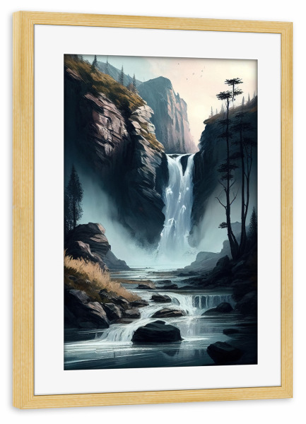 Poster mit Rahmen kiefer "Gemälde eines alpinen Wasserfalls" artboxONE - Natur,Reise