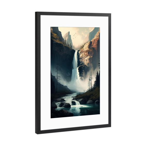 Poster mit Rahmen Schwarz (Metallic) "Wasserfall-Tal-Malerei" artboxONE - Natur