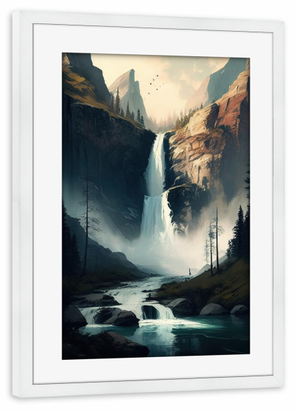 Poster mit Rahmen weiß "Wasserfall-Tal-Malerei" artboxONE - Natur