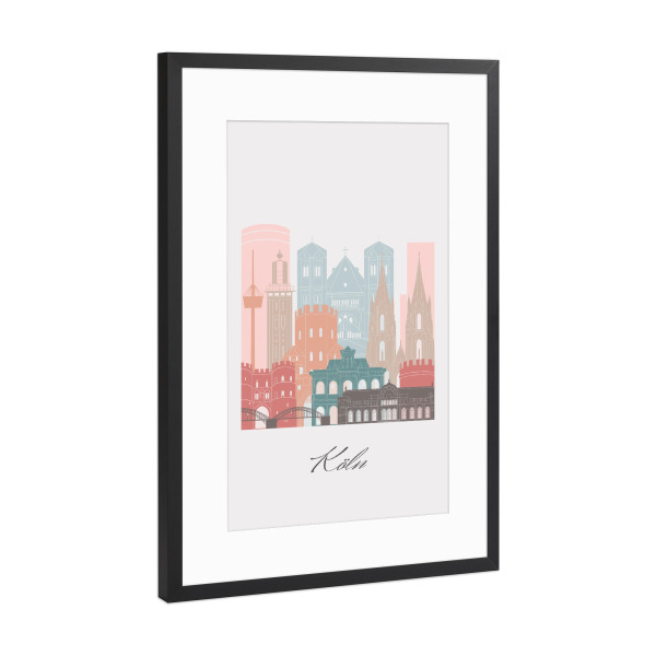 Poster mit Rahmen Schwarz (Metallic) "Kölner Skyline im Pastellstil" artboxONE - Städte,Städte / Köln,Reise,Architektur,Kartografie
