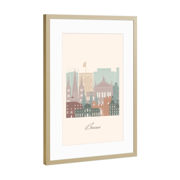 Poster mit Rahmen Gold "Bonner Skyline in Salbeigrün" artboxONE - Städte,Reise,Architektur,Kartografie