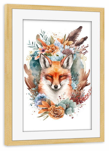 Poster mit Rahmen kiefer "Süßer Fuchs mit Blumen" artboxONE - Floral,Tiere
