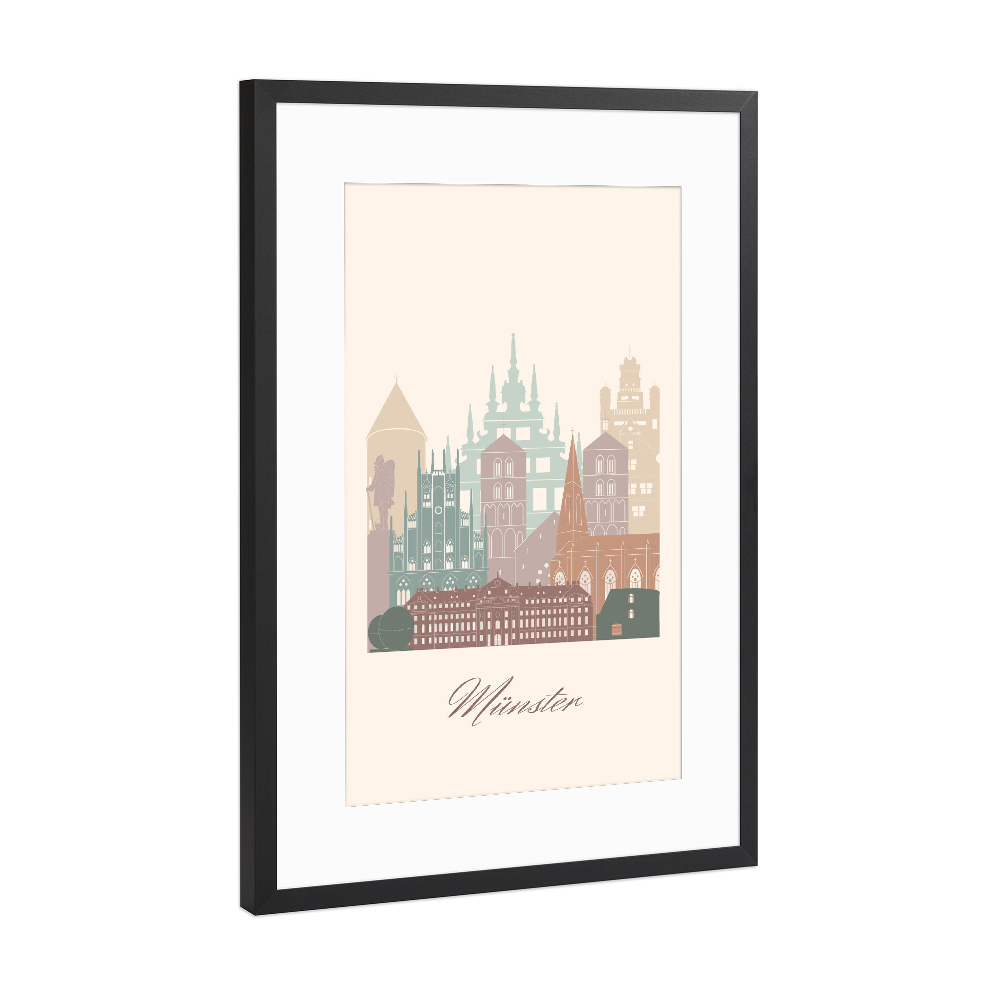 Poster mit Rahmen Schwarz (Metallic) "Münster Skyline in salbeigrün" artboxONE - Städte,Reise,Architektur,Kartografie