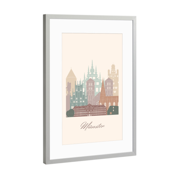 Poster mit Rahmen Silber "Münster Skyline in salbeigrün" artboxONE - Städte,Reise,Architektur,Kartografie