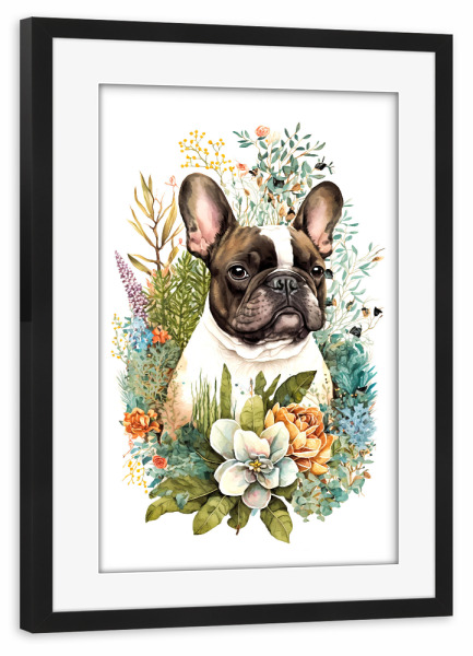 Poster mit Rahmen schwarz "Französische Bulldogge mit Blumen" artboxONE - Tiere