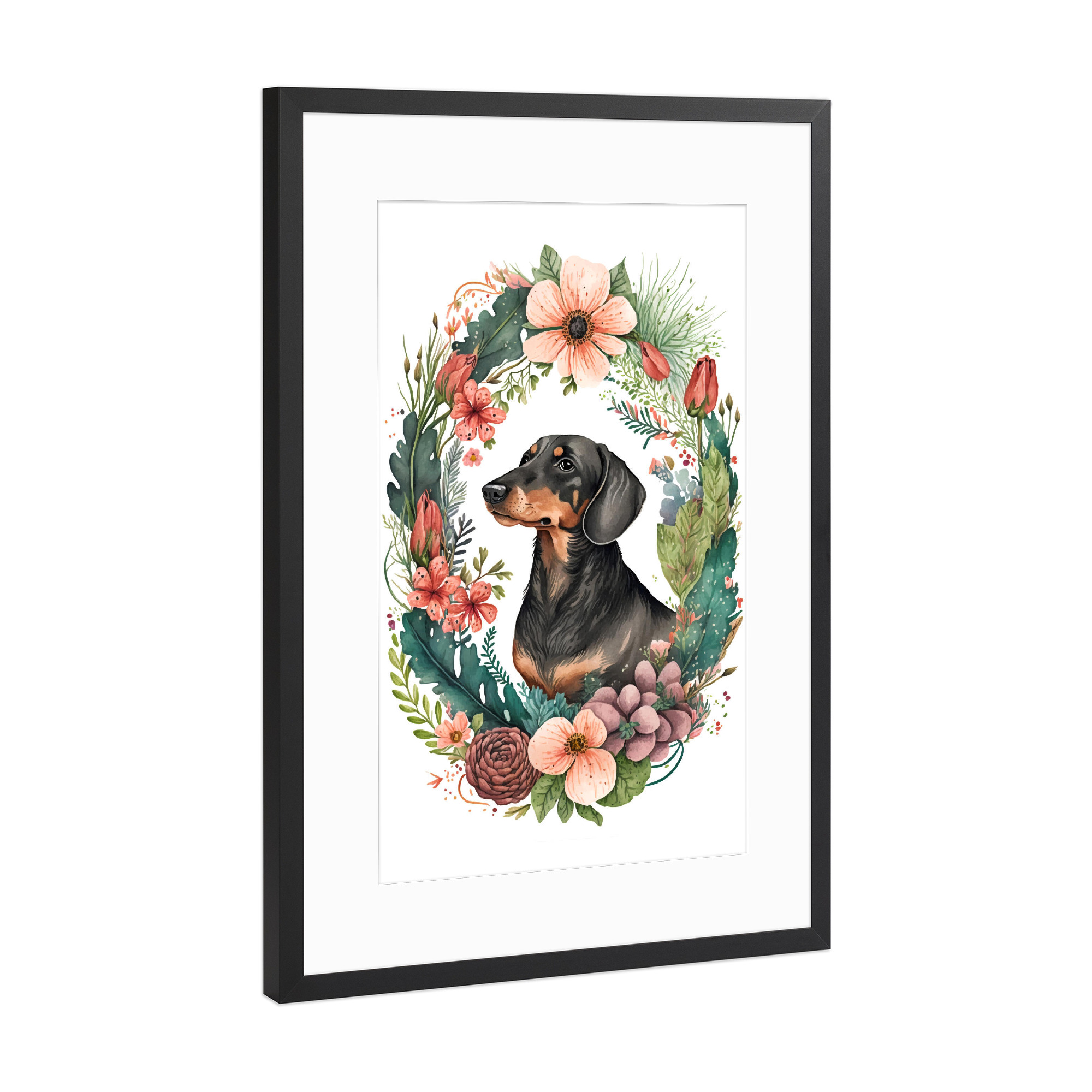 Poster mit Rahmen Schwarz (Metallic) "Dackel mit Blumen" artboxONE - Floral,Tiere