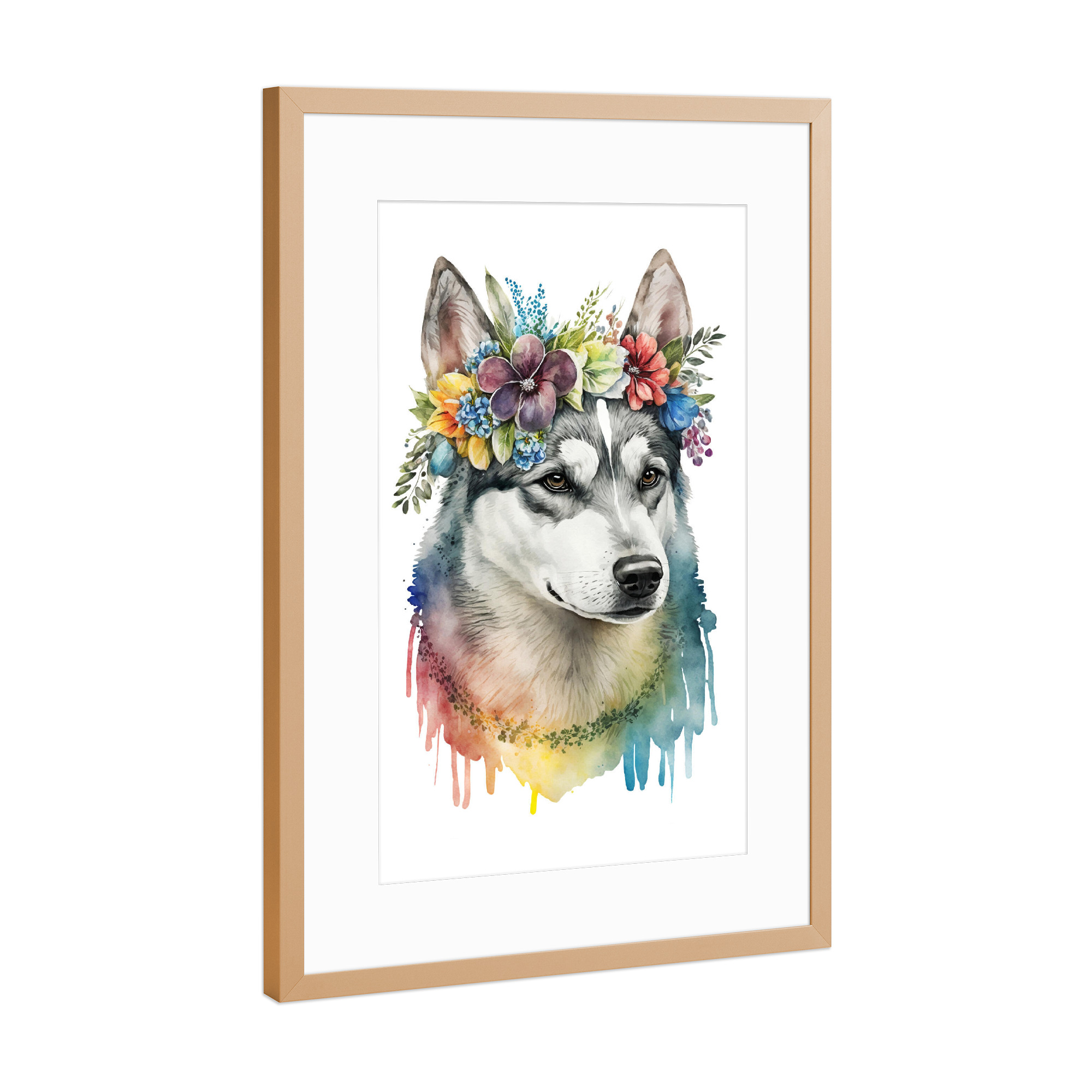 Poster mit Rahmen Kupfer "Husky mit Blumen" artboxONE - Floral,Tiere