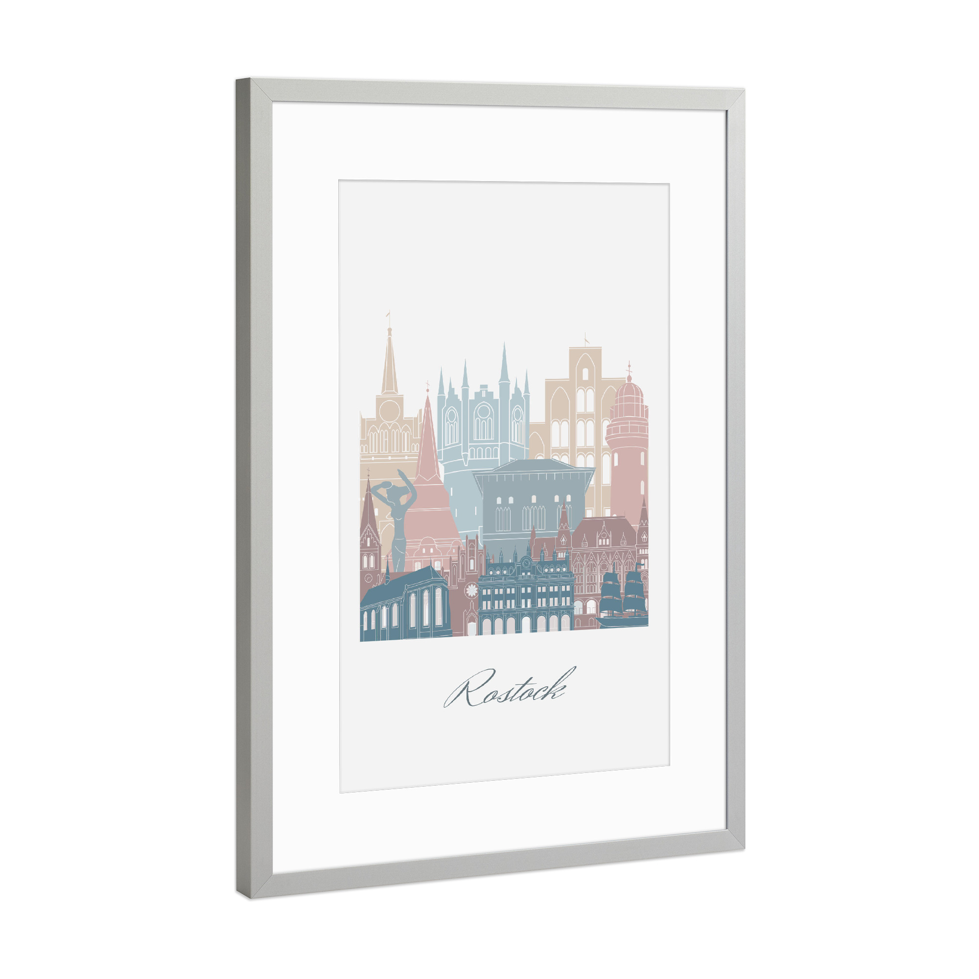 Poster mit Rahmen Silber "Rostocker Skyline in Erdtönen" artboxONE - Städte,Reise,Architektur,Kartografie