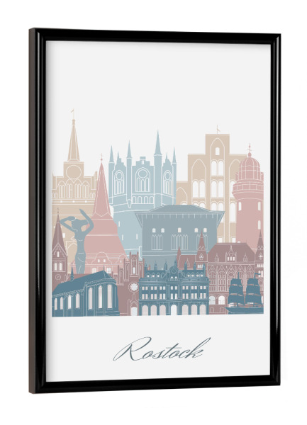 Poster mit schwarzem Rahmen "Rostocker Skyline in Erdtönen" artboxONE - Städte,Reise,Architektur,Kartografie