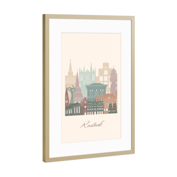 Poster mit Rahmen Gold "Rostocker Skyline-Salbeigrün-Stil" artboxONE - Städte,Reise,Architektur,Kartografie