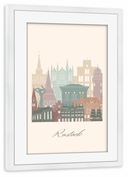 Poster mit Rahmen weiß "Rostocker Skyline-Salbeigrün-Stil" artboxONE - Städte,Reise,Architektur,Kartografie