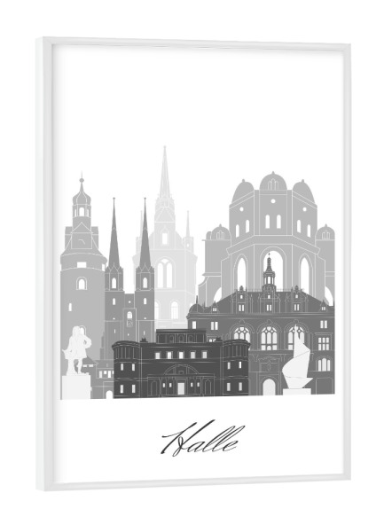 Poster mit weißem Rahmen "Halle-Skyline schwarz-weiße" artboxONE - Städte,Reise,Architektur,Kartografie