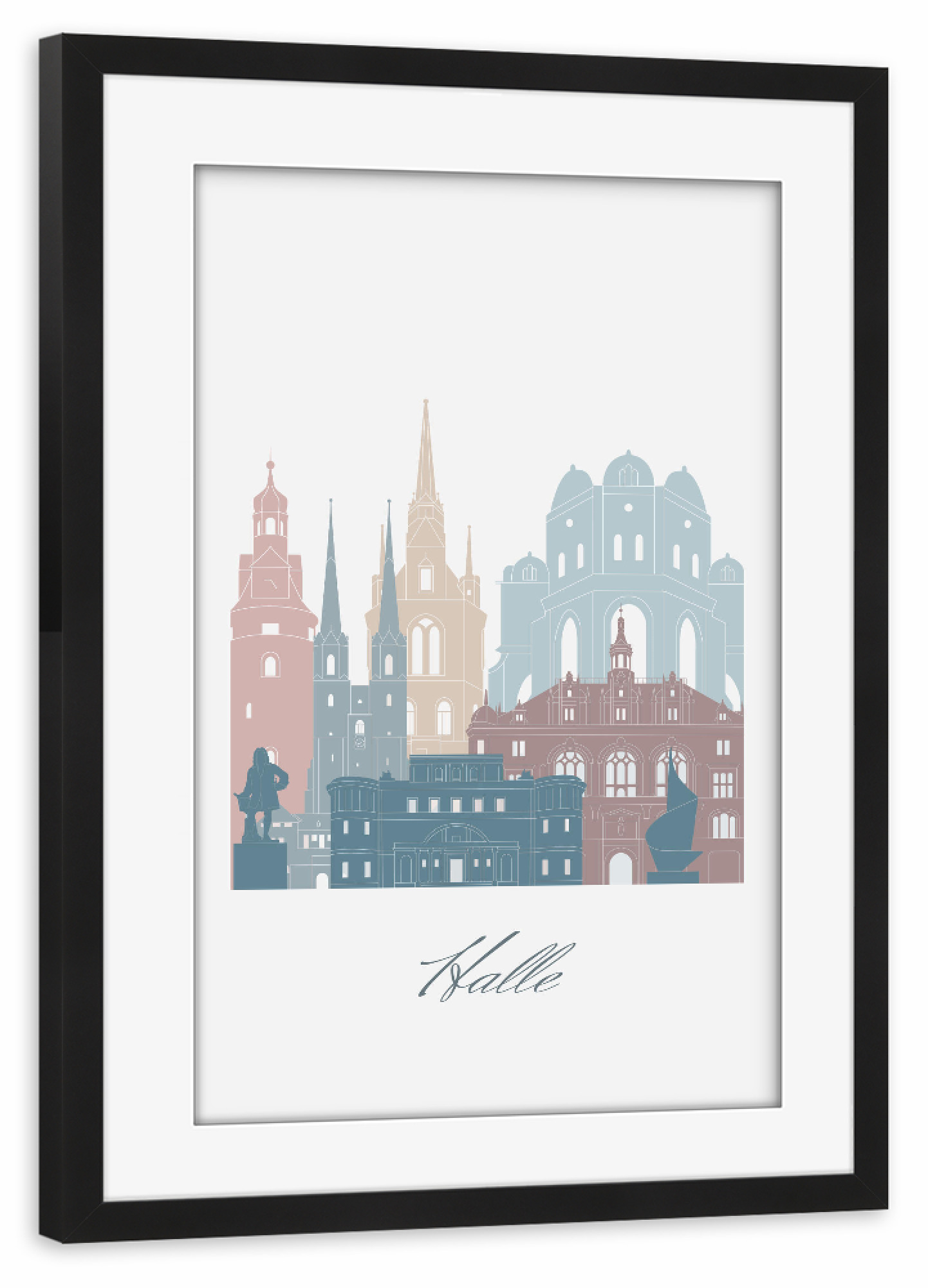 Poster mit Rahmen schwarz "Skyline von Halle in Erdtönen" artboxONE - Städte,Reise,Architektur,Kartografie