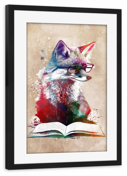 Poster mit Rahmen schwarz "Fuchs liest ein Buch" artboxONE - Tiere - Fuchs,Foxy,Wildes tier,Tiere,Buch,Hipster,Grafik,Illustration,Design,Kunst