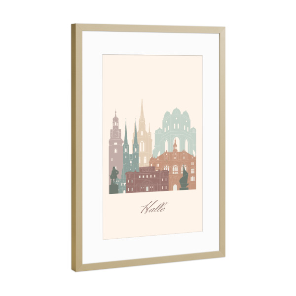 Poster mit Rahmen Gold "Halle-Skyline im Salbeigrün-Stil" artboxONE - Städte,Reise,Architektur,Kartografie