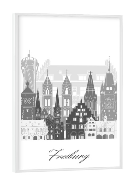 Poster mit weißem Rahmen "Freiburger Skyline schwarz-weiß" artboxONE - Städte,Reise,Architektur,Kartografie
