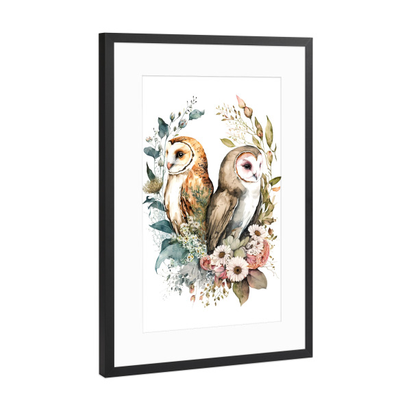 Poster mit Rahmen Schwarz (Metallic) "Zwei Schleiereulen" artboxONE - Tiere