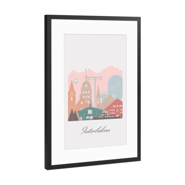 Poster mit Rahmen Schwarz (Metallic) "Interlaken Skyline Pastellstil" artboxONE - Städte,Reise,Architektur,Kartografie
