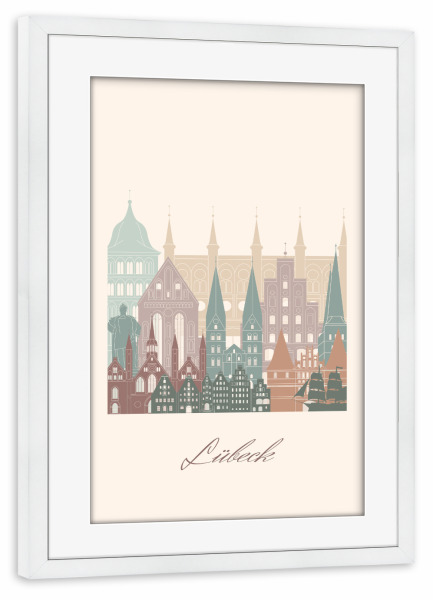 Poster mit Rahmen weiß "Lübecker Skyline-Salbeigrün-Stil" artboxONE - Städte,Reise,Architektur,Kartografie