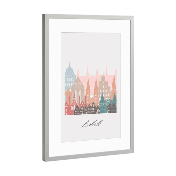 Poster mit Rahmen Silber "Lübeck Skyline Pastellstil" artboxONE - Städte,Reise,Architektur,Kartografie