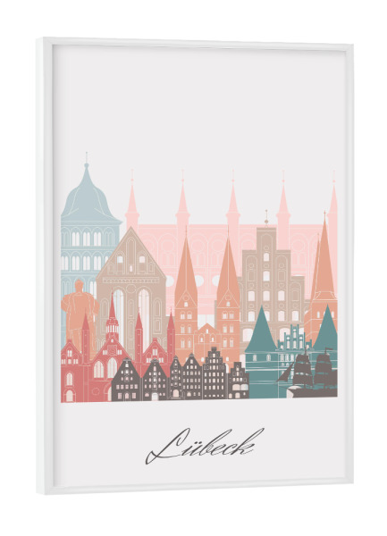 Poster mit weißem Rahmen "Lübeck Skyline Pastellstil" artboxONE - Städte,Reise,Architektur,Kartografie