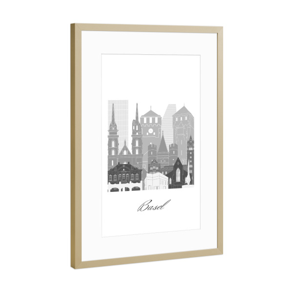 Poster mit Rahmen Gold "Basel Skyline Schwarz-Weiß" artboxONE - Städte,Reise,Architektur,Kartografie