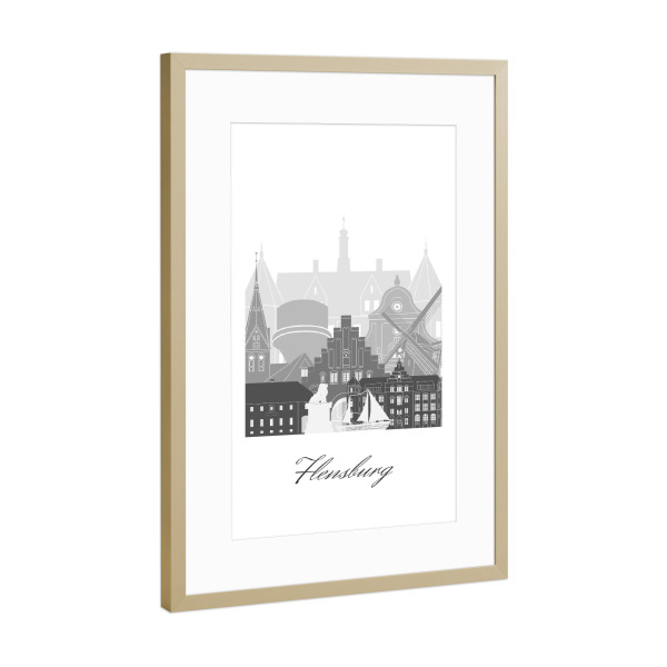Poster mit Rahmen Gold "Flensburger Skyline schwarz weiß" artboxONE - Städte,Reise,Architektur,Kartografie