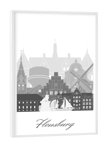 Poster mit weißem Rahmen "Flensburger Skyline schwarz weiß" artboxONE - Städte,Reise,Architektur,Kartografie