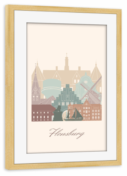 Poster mit Rahmen kiefer "Flensburger Skyline - Salbeigrün" artboxONE - Städte,Reise,Architektur,Kartografie