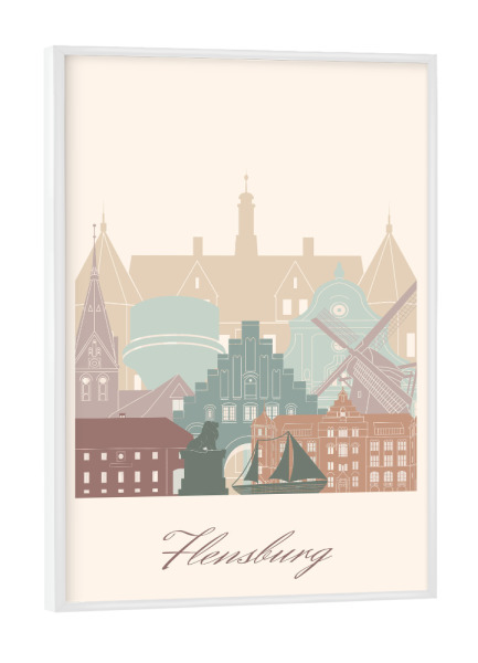 Poster mit weißem Rahmen "Flensburger Skyline - Salbeigrün" artboxONE - Städte,Reise,Architektur,Kartografie