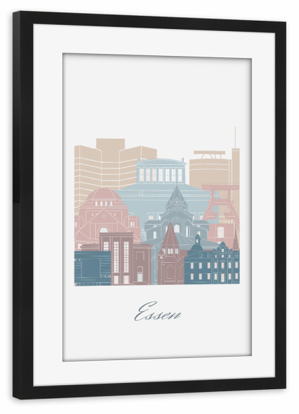 Poster mit Rahmen schwarz "Essener Skyline in Erdtönen" artboxONE - Städte,Reise,Architektur,Kartografie