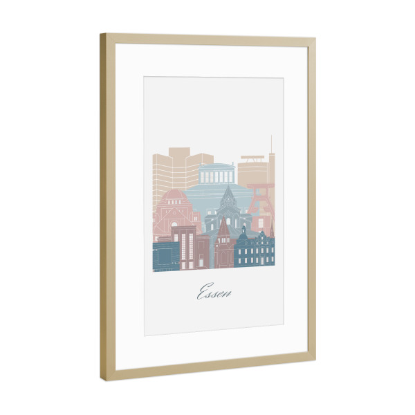 Poster mit Rahmen Gold "Essener Skyline in Erdtönen" artboxONE - Städte,Reise,Architektur,Kartografie