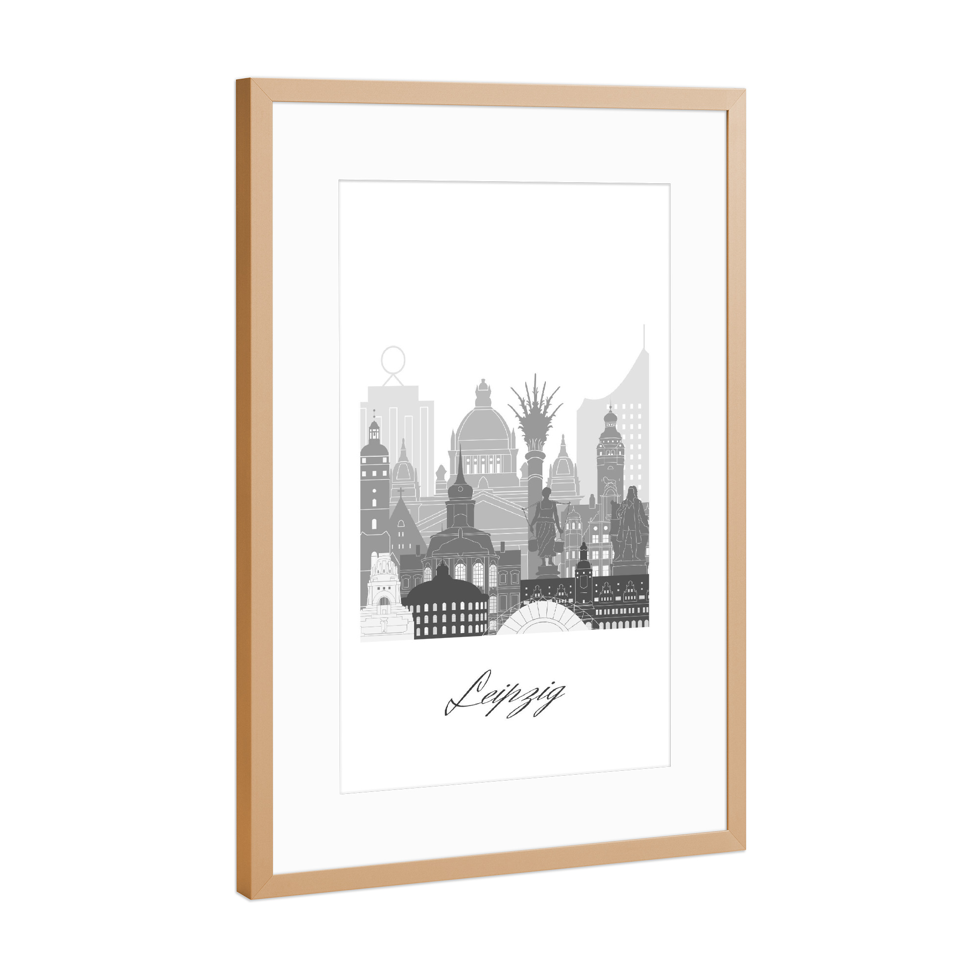 Poster mit Rahmen Kupfer "Leipzig skyline black white style" artboxONE - Städte,Reise,Architektur,Kartografie
