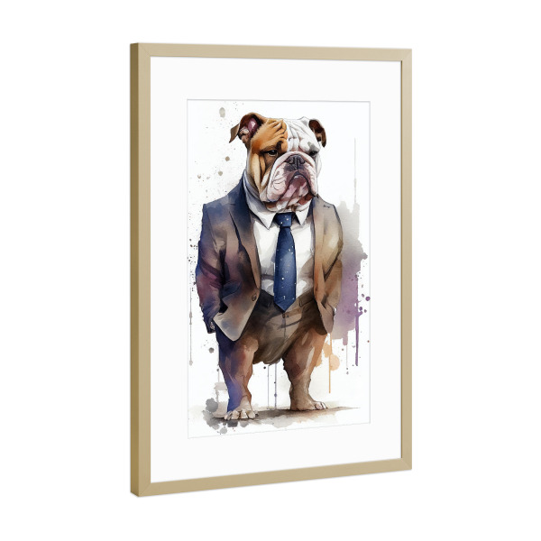Poster mit Rahmen Gold "Bulldogge mit Anzug und Krawatte" artboxONE - Natur,Lustig