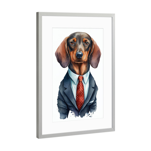 Poster mit Rahmen Silber "Dackel mit Anzug und Krawatte" artboxONE - Tiere,Lustig