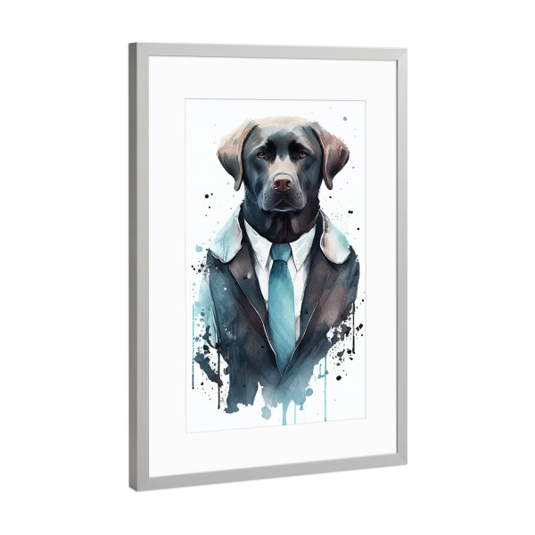 Poster mit Rahmen Silber "Labrador trägt Anzug und Krawatte" artboxONE - Tiere,Lustig