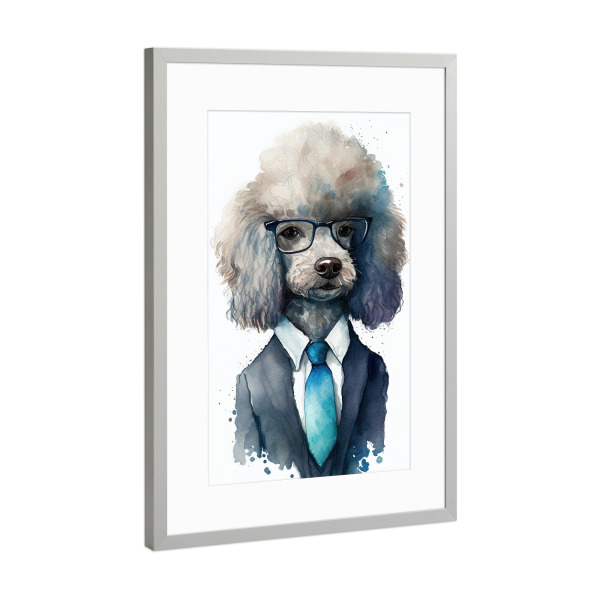 Poster mit Rahmen Silber "Pudel mit Anzug und Krawatte" artboxONE - Tiere,Lustig